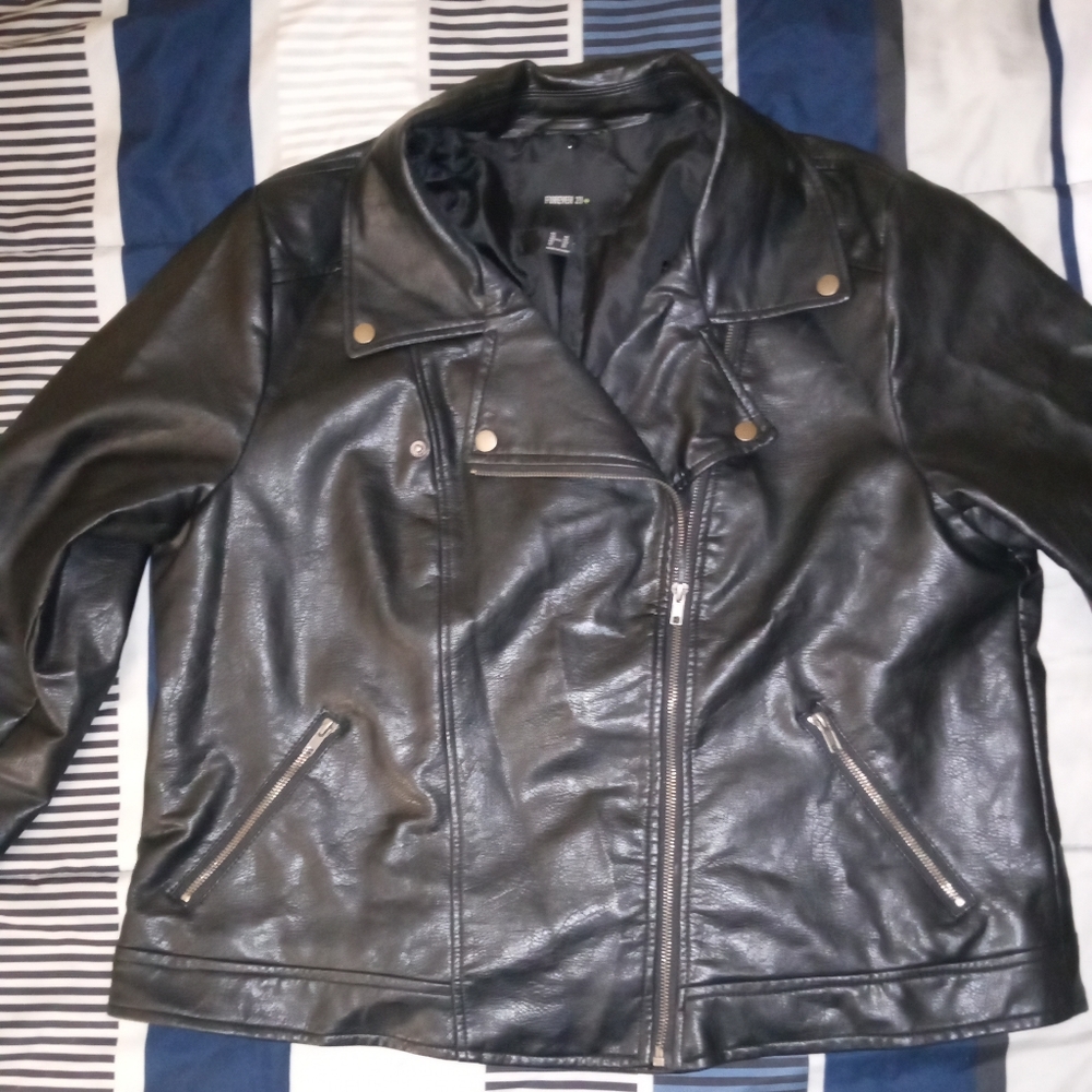 Women's leather moto style jacket with detachable hood